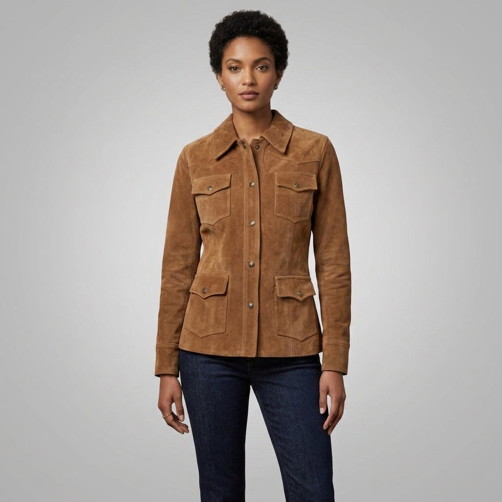 Women's Brown Suede Four-Pocket Shirt