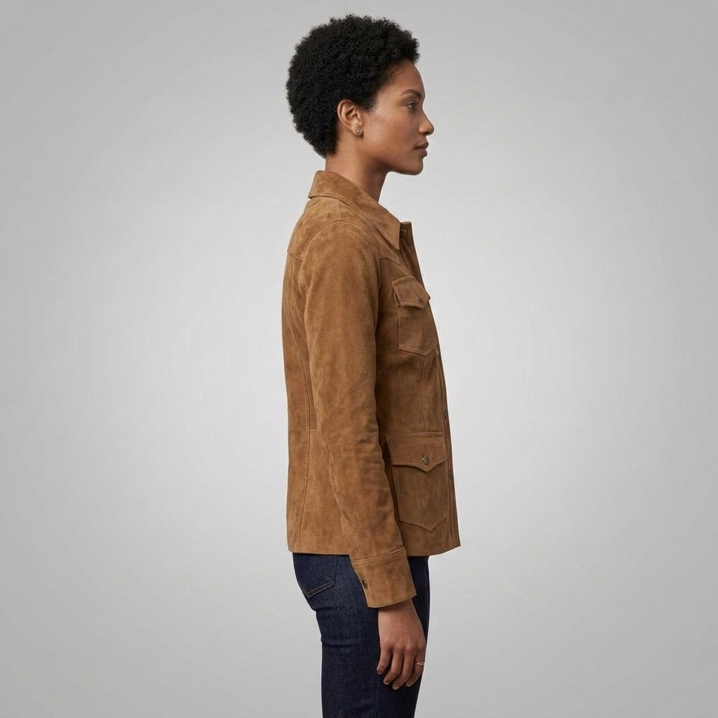 Women's Brown Suede Four-Pocket Shirt