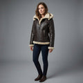 Women's Brown Vegan Leather Aviator Jacket with Fur Hood