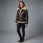 Women's Brown Vegan Leather Aviator Jacket with Fur Hood