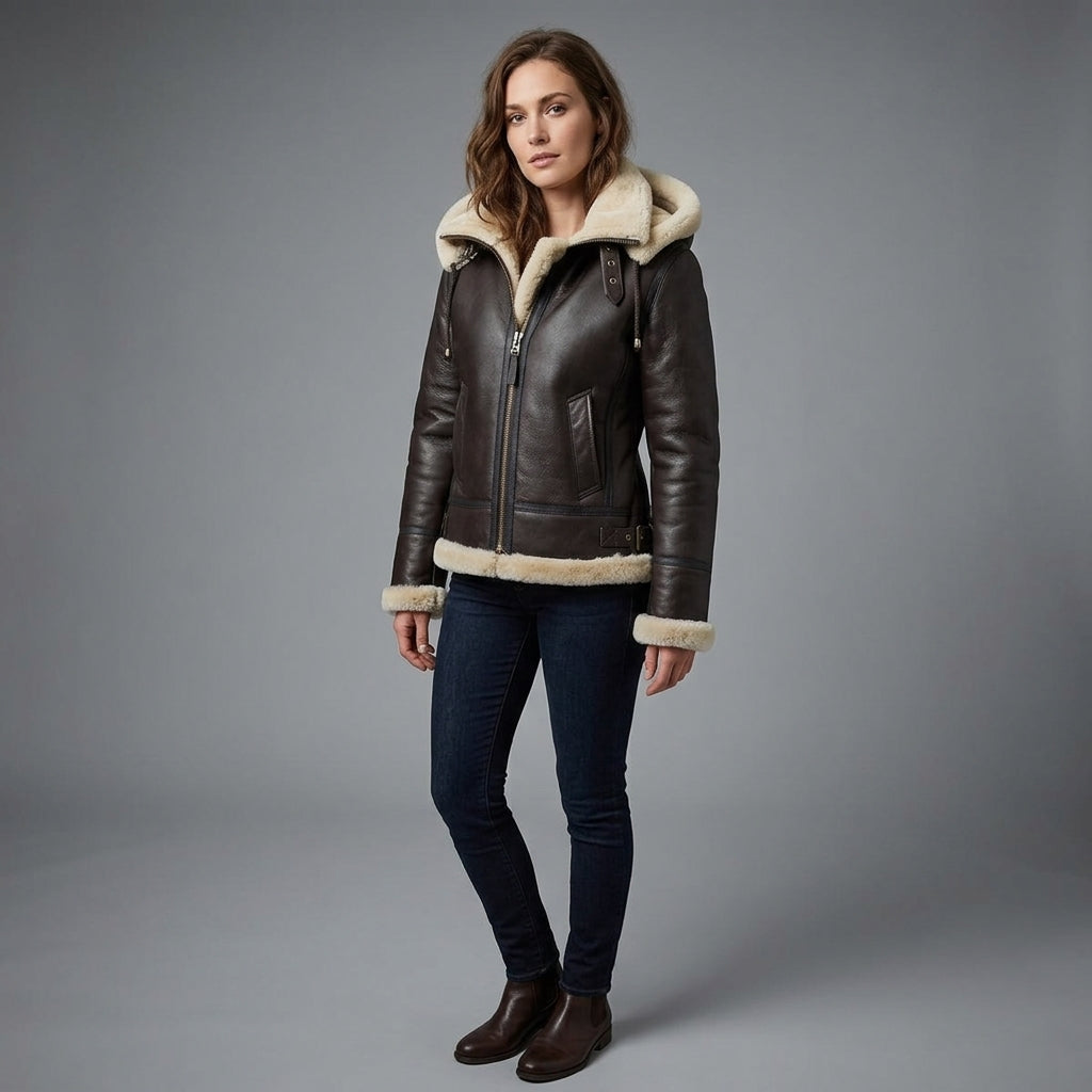 Women's Brown Vegan Leather Aviator Jacket with Fur Hood