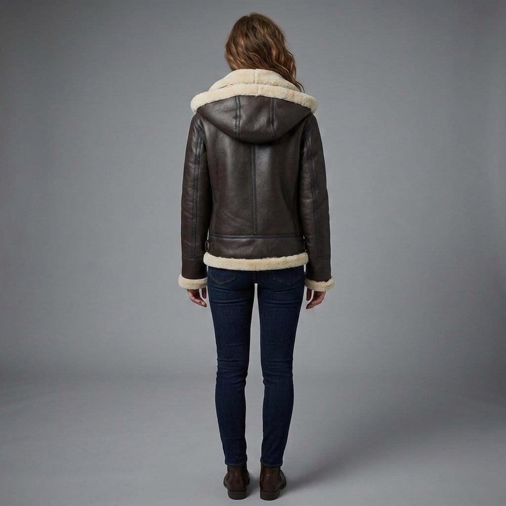 Women's Brown Vegan Leather Aviator Jacket with Fur Hood