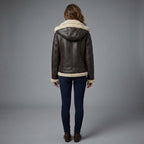 Women's Brown Vegan Leather Aviator Jacket with Fur Hood