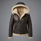 Women's Brown Vegan Leather Aviator Jacket with Fur Hood