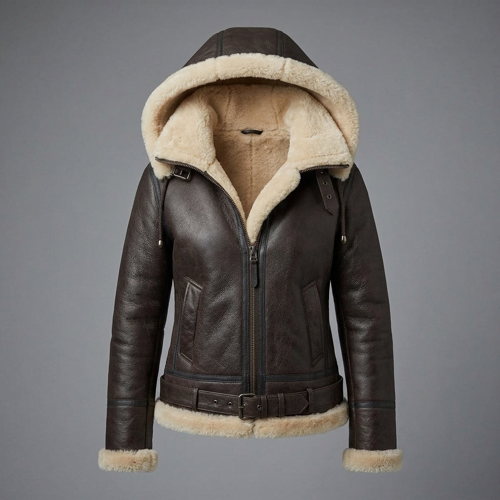 Women's Brown Vegan Leather Aviator Jacket with Fur Hood