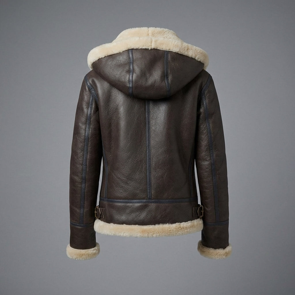 Women's Brown Vegan Leather Aviator Jacket with Fur Hood