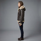 Women's Brown Vegan Leather Aviator Jacket with Fur Hood