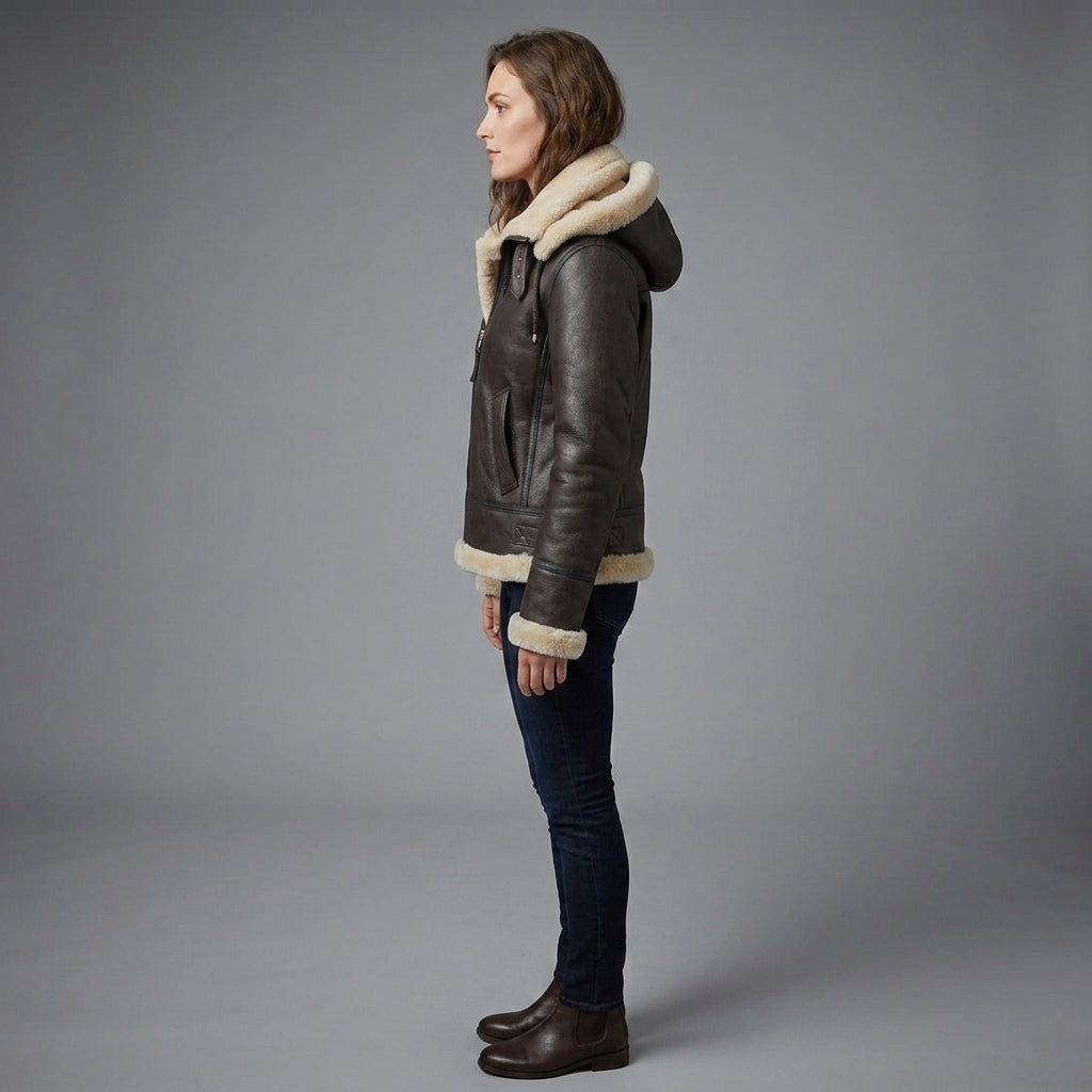 Women's Brown Vegan Leather Aviator Jacket with Fur Hood