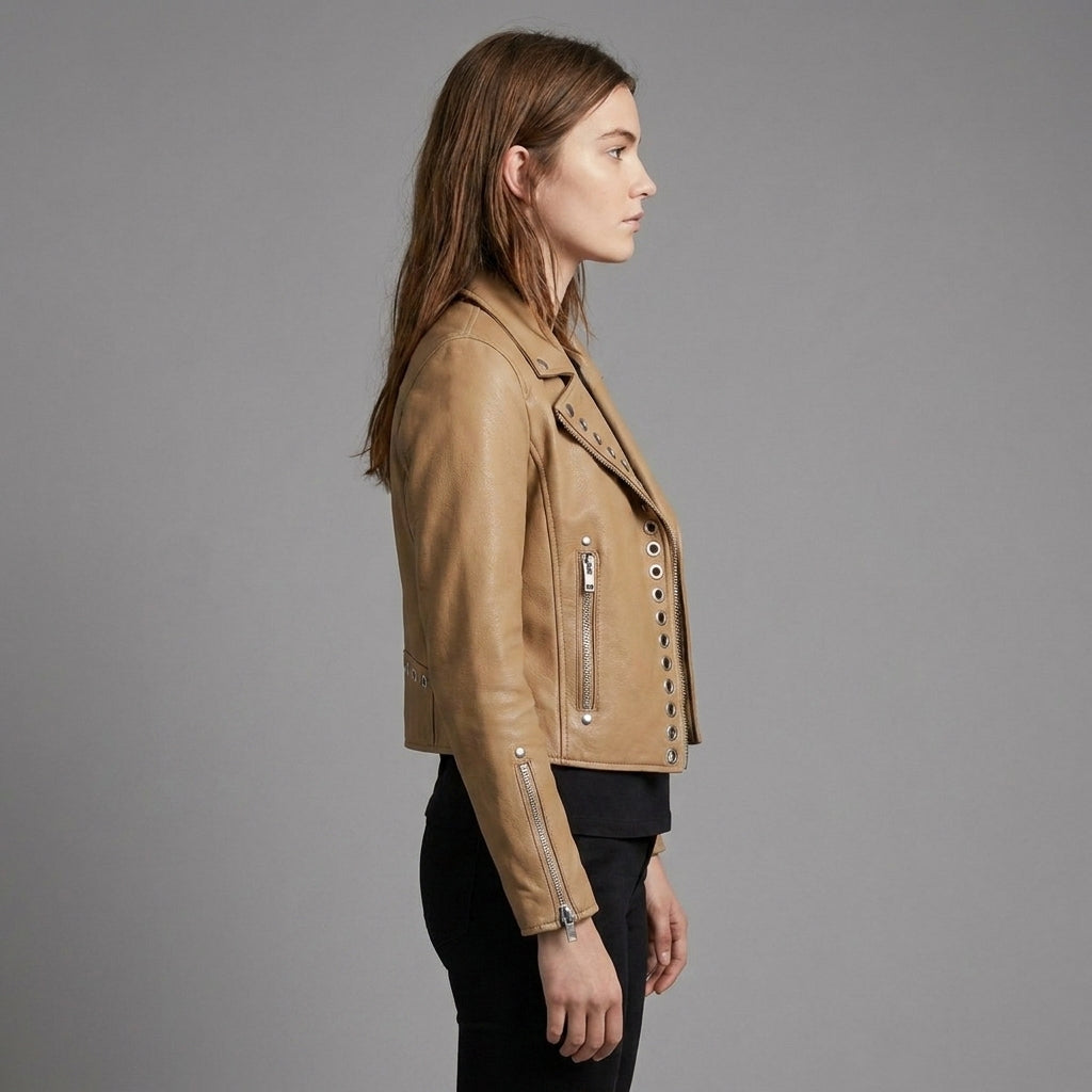 Camel Leather Biker Jacket