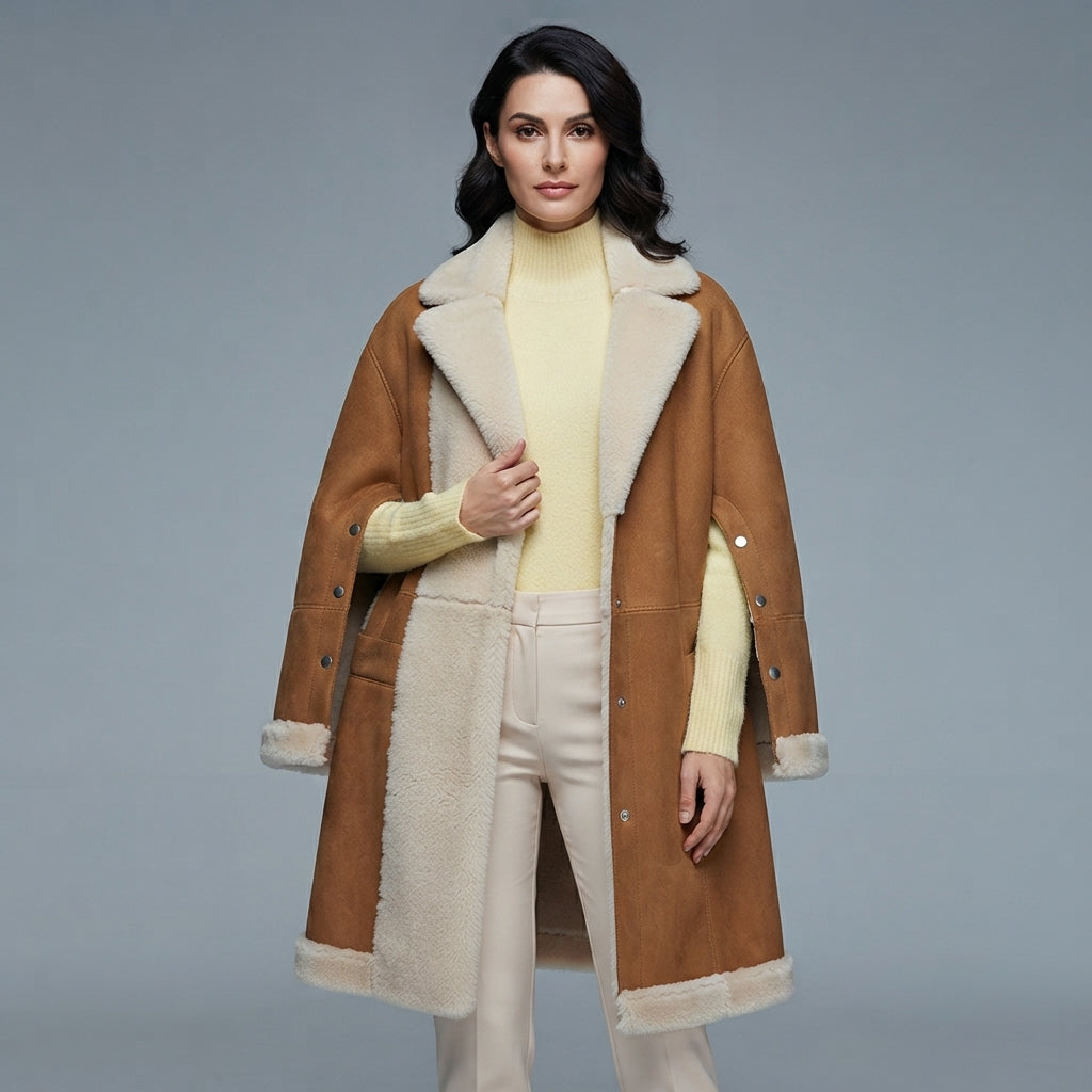 Women's Camel Shearling Convertible Cape Coat