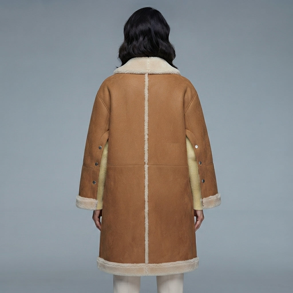 Women's Camel Shearling Convertible Cape Coat