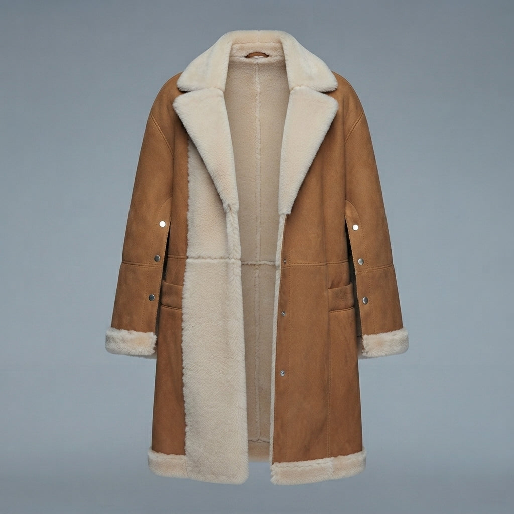 Women's Camel Shearling Convertible Cape Coat