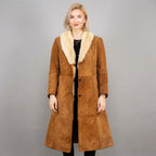 Women's Camel Suede Shearling Coat with Fur Collar