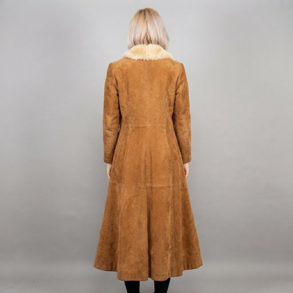 Women's Camel Suede Shearling Coat with Fur Collar