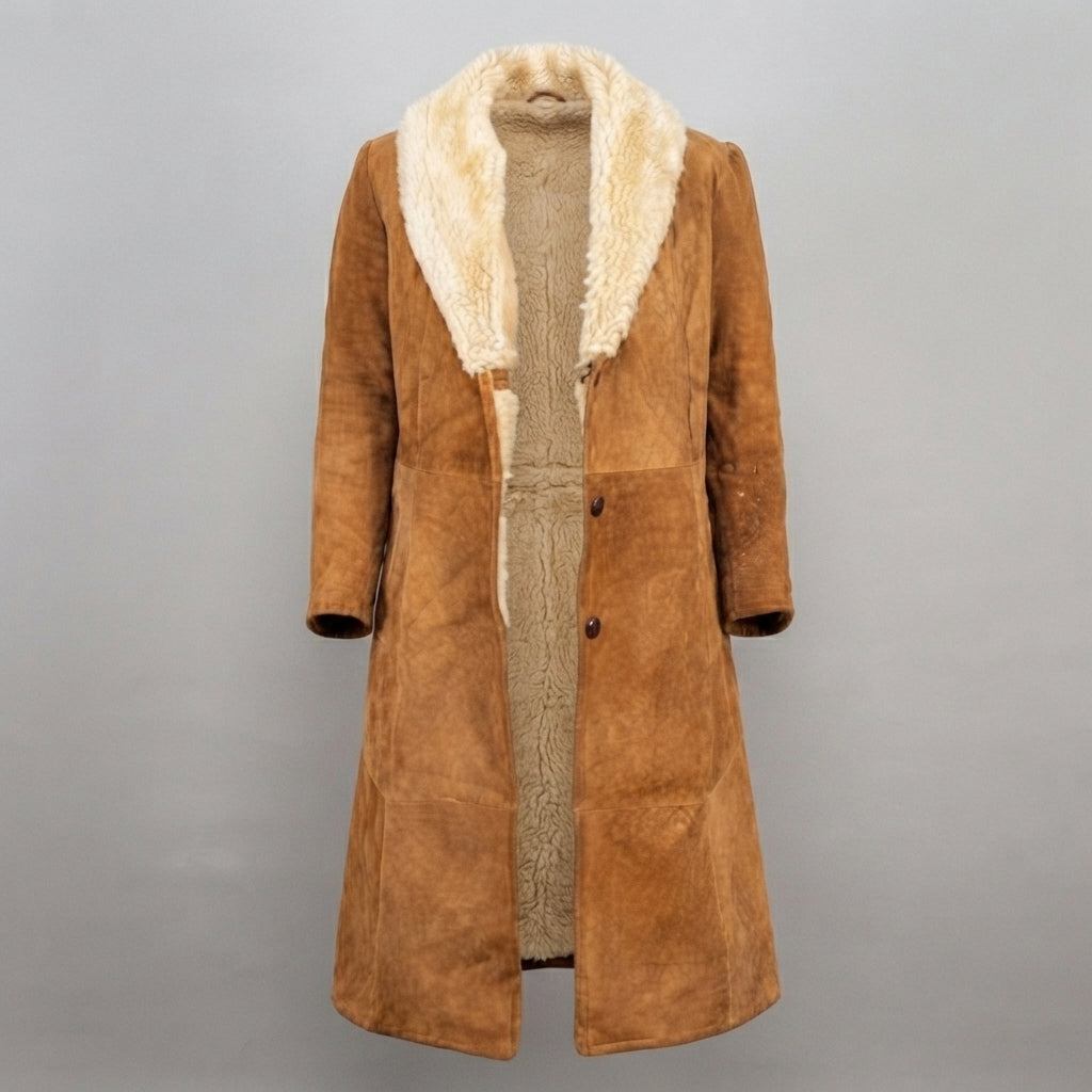 Women's Camel Suede Shearling Coat with Fur Collar
