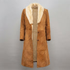 Women's Camel Suede Shearling Coat with Fur Collar