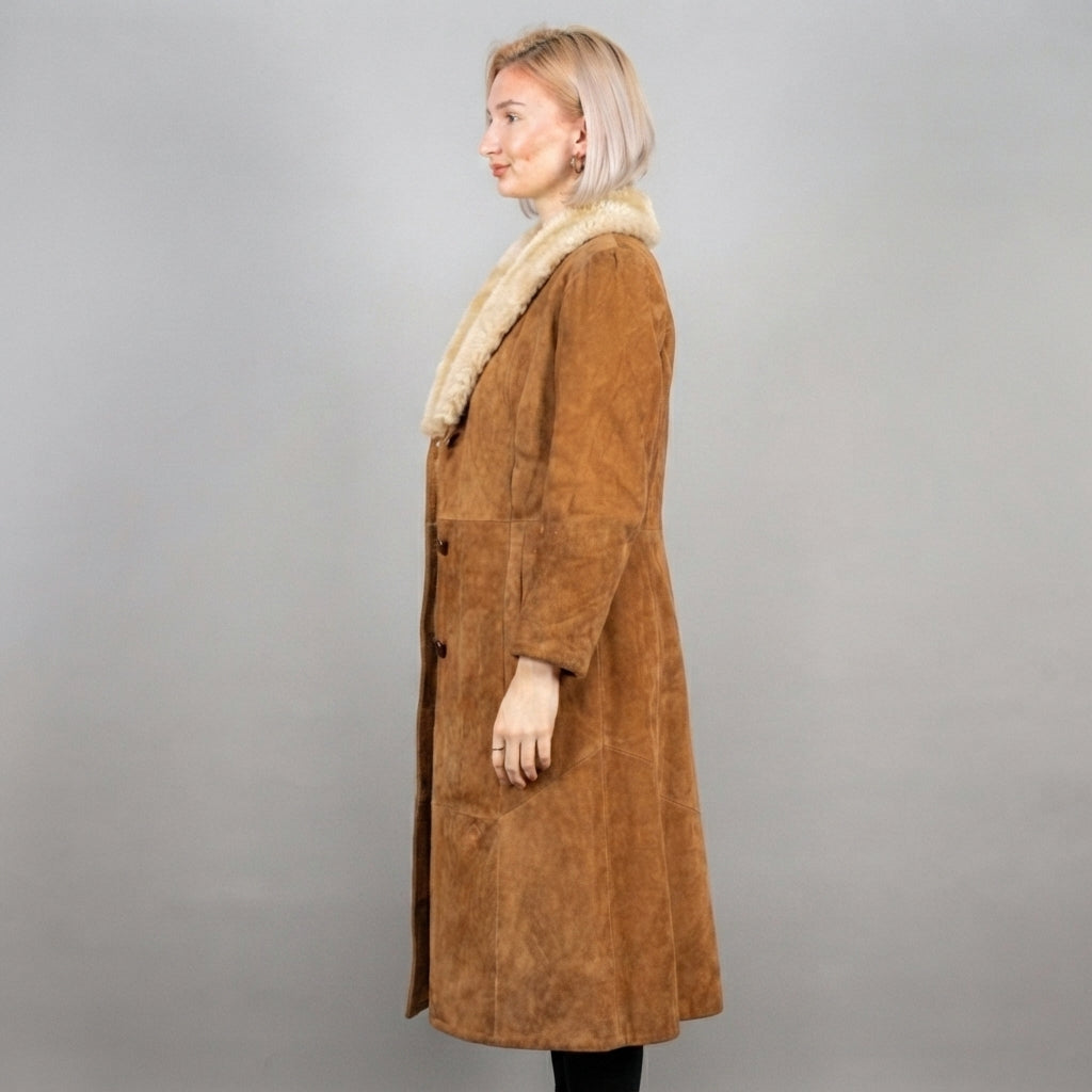 Women's Camel Suede Shearling Coat with Fur Collar