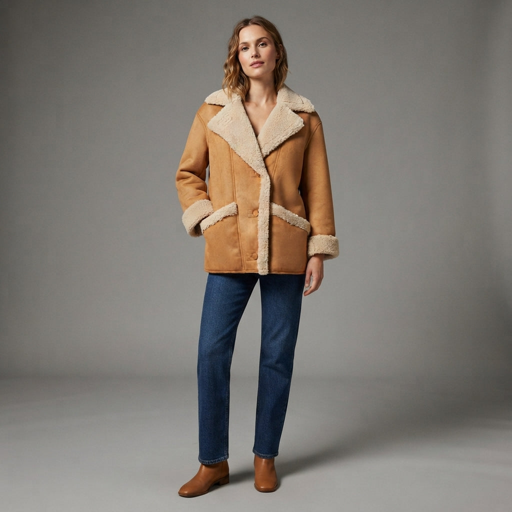 Women's Camel Suede Shearling Coat with Sherpa Trim