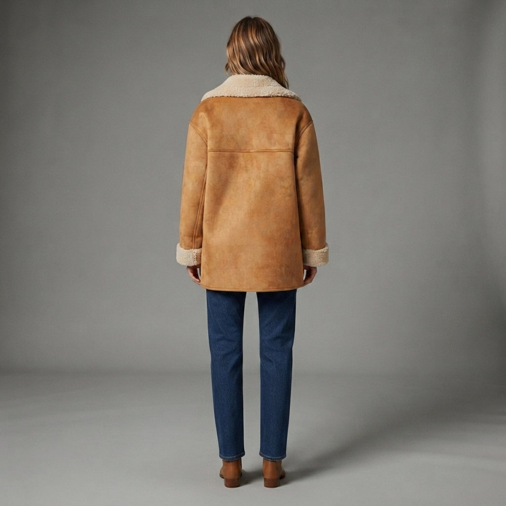 Women's Camel Suede Shearling Coat with Sherpa Trim