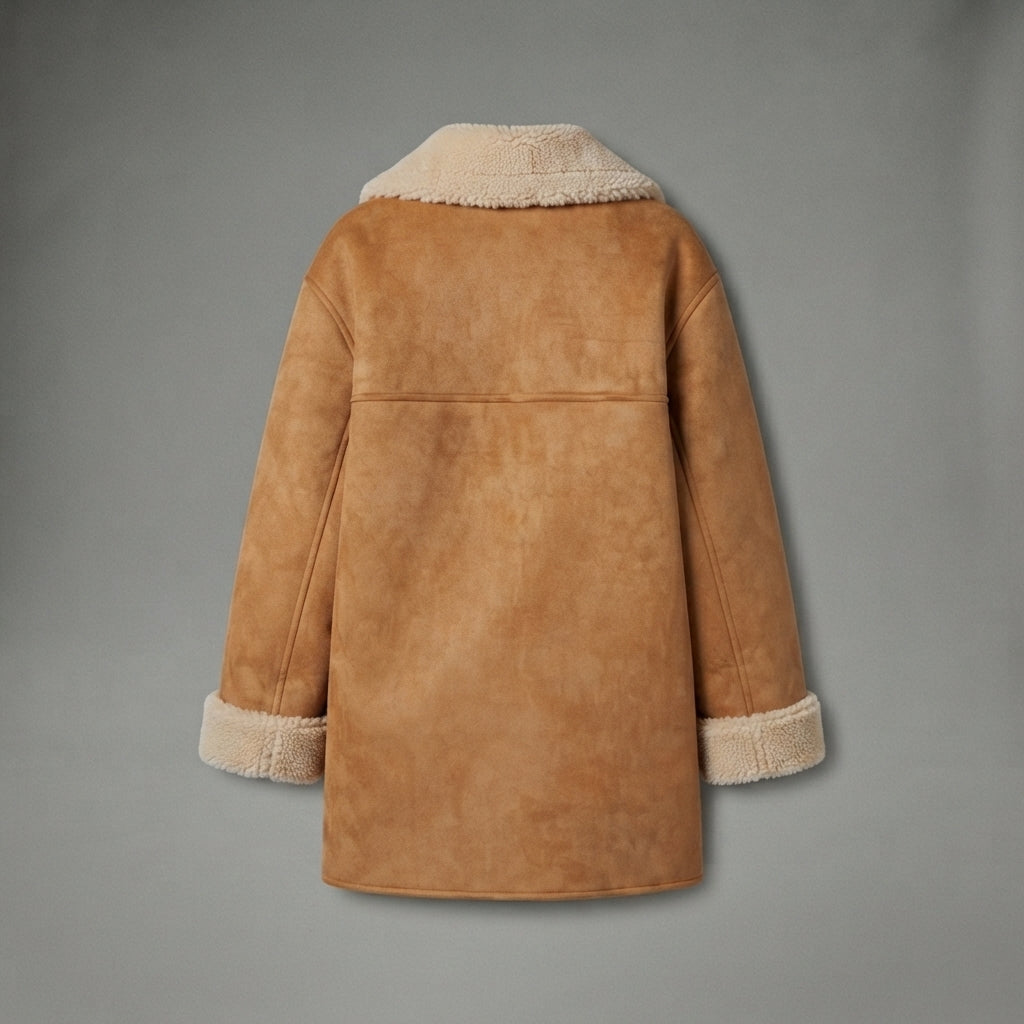Women's Camel Suede Shearling Coat with Sherpa Trim