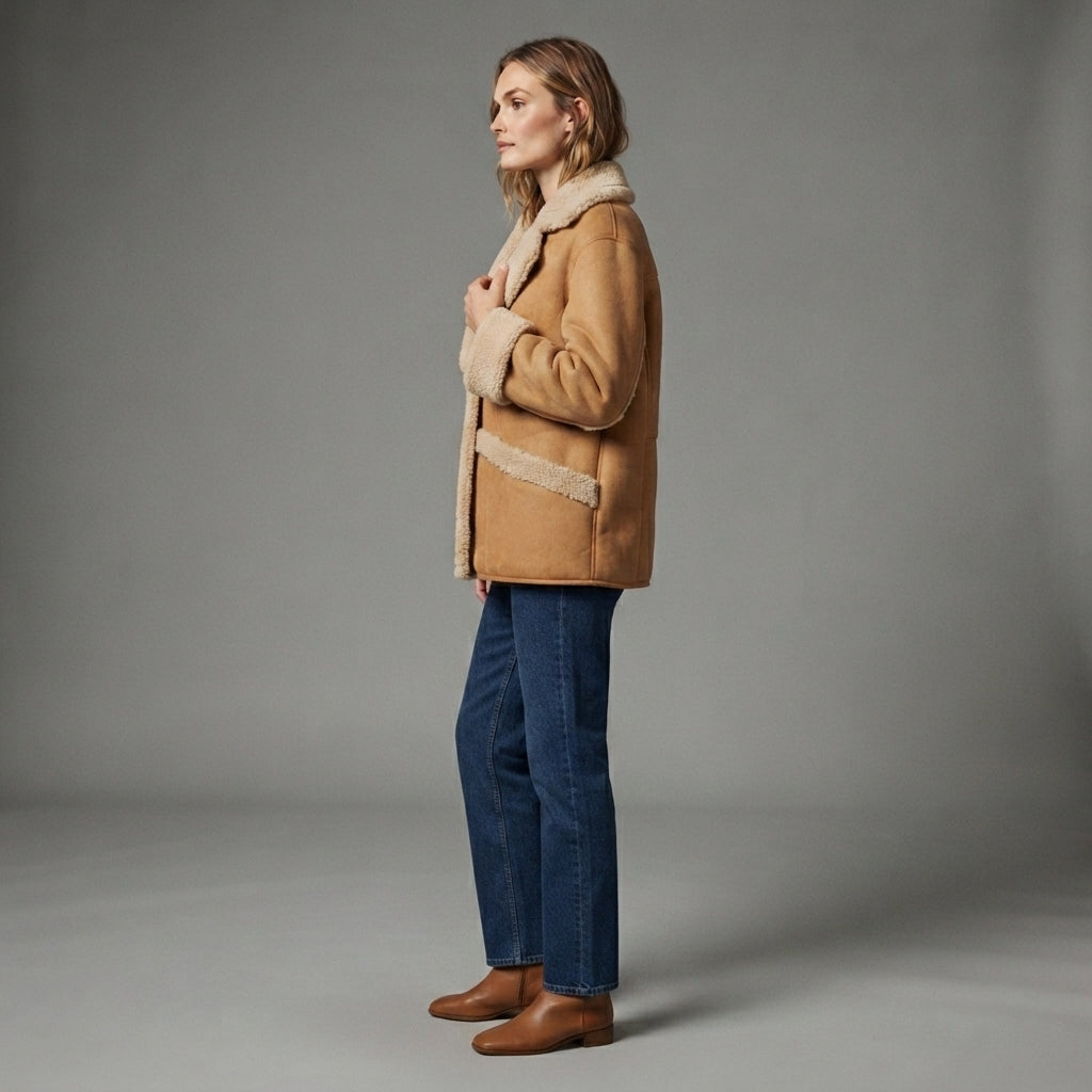 Women's Camel Suede Shearling Coat with Sherpa Trim