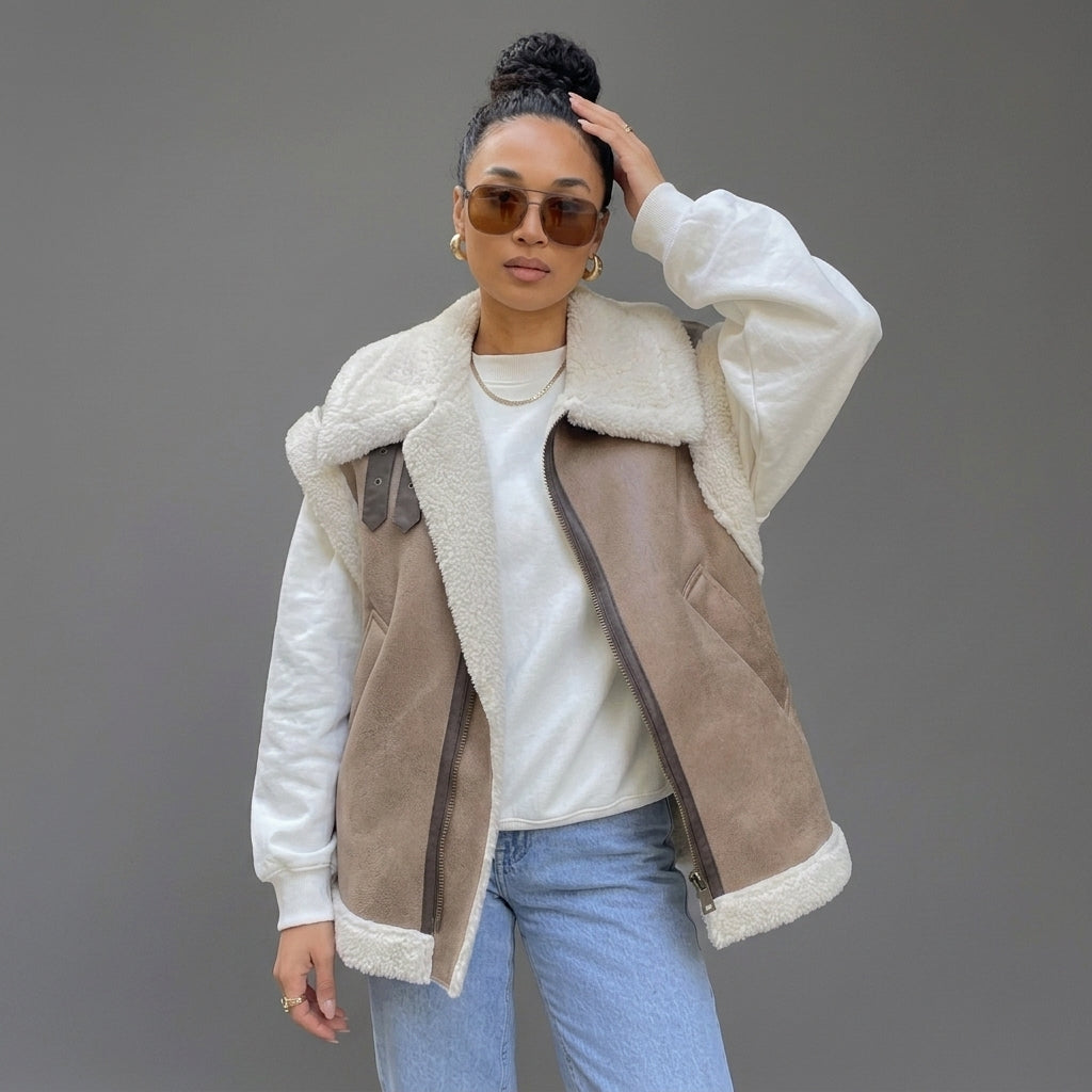 Women's Cap-Sleeve Shearling Leather Vest