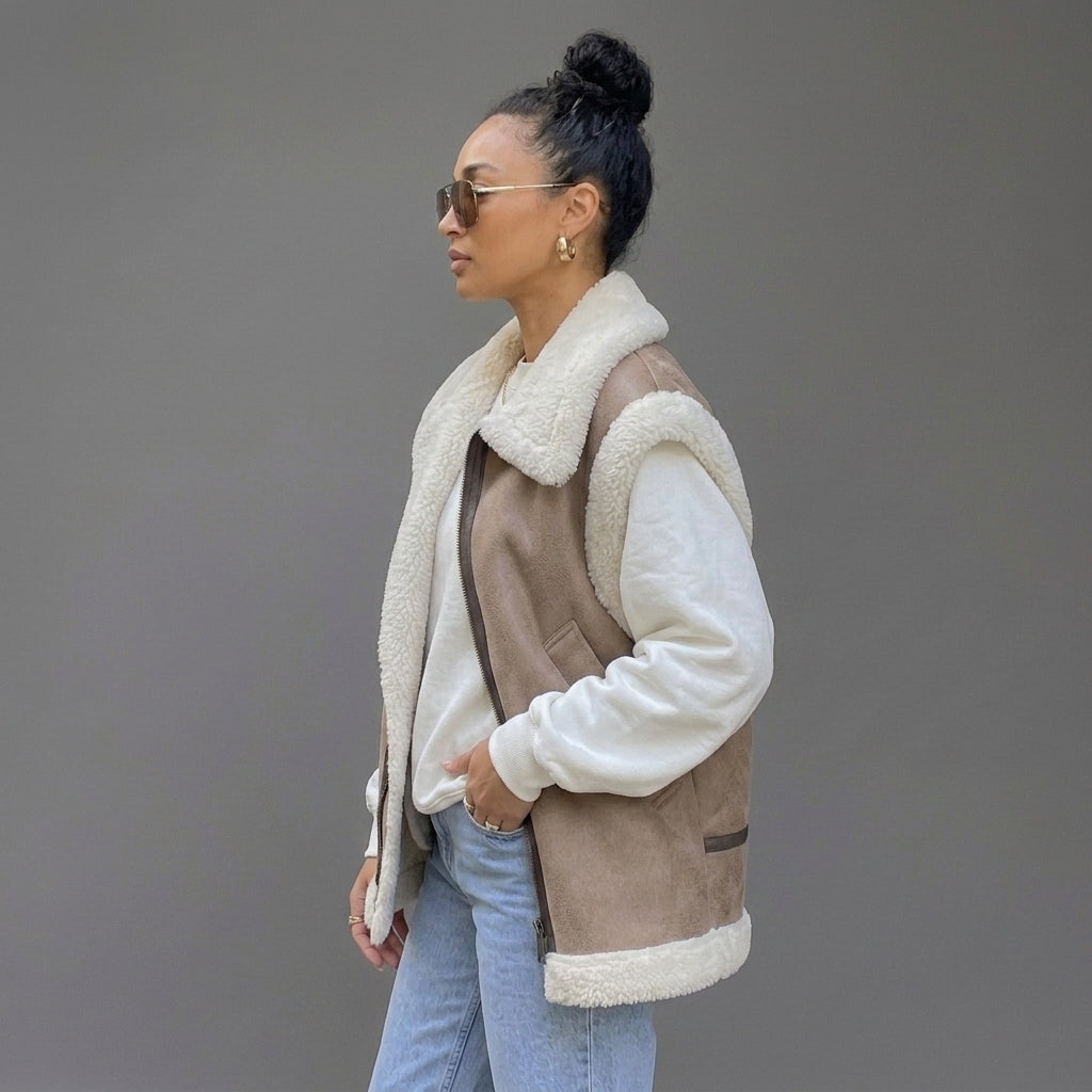 Women's Cap-Sleeve Shearling Leather Vest