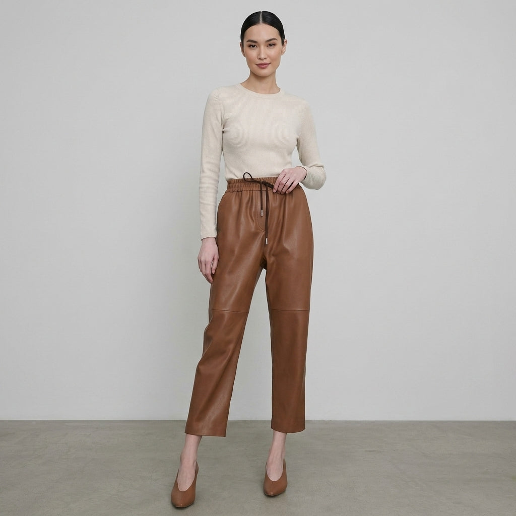 Women's Caramel High-Waist Leather Pants