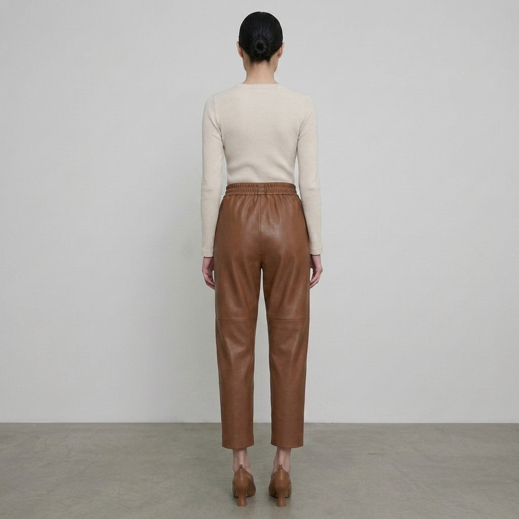 Women's Caramel High-Waist Leather Pants