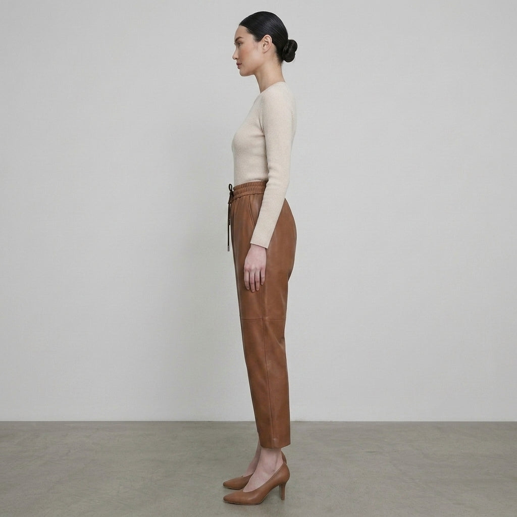 Women's Caramel High-Waist Leather Pants
