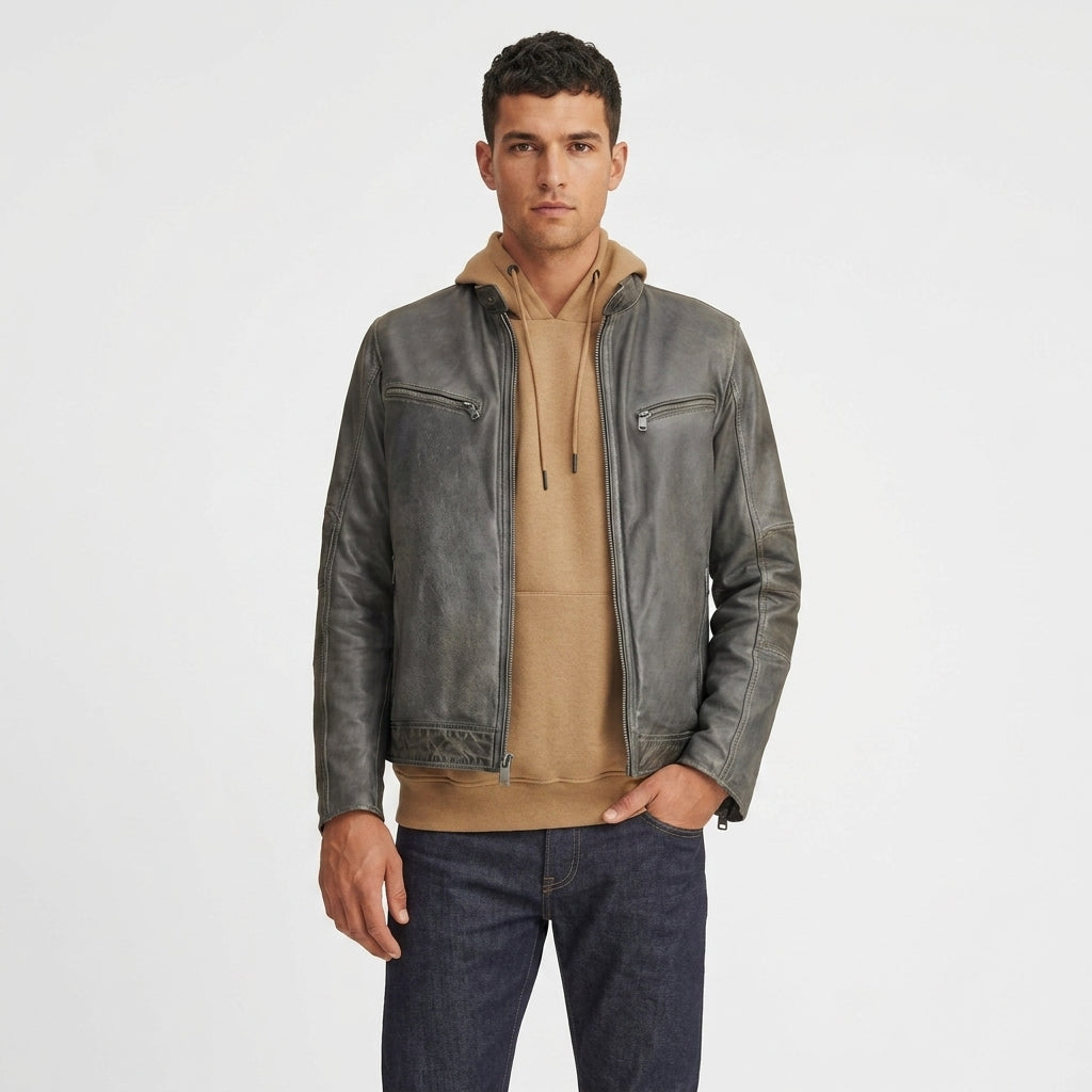 Men's Charcoal Vintage Biker Leather Jacket