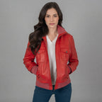 Women's Cherry Red Leather Bomber Jacket