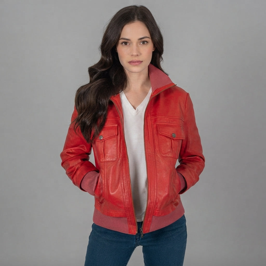 Women's Cherry Red Leather Bomber Jacket