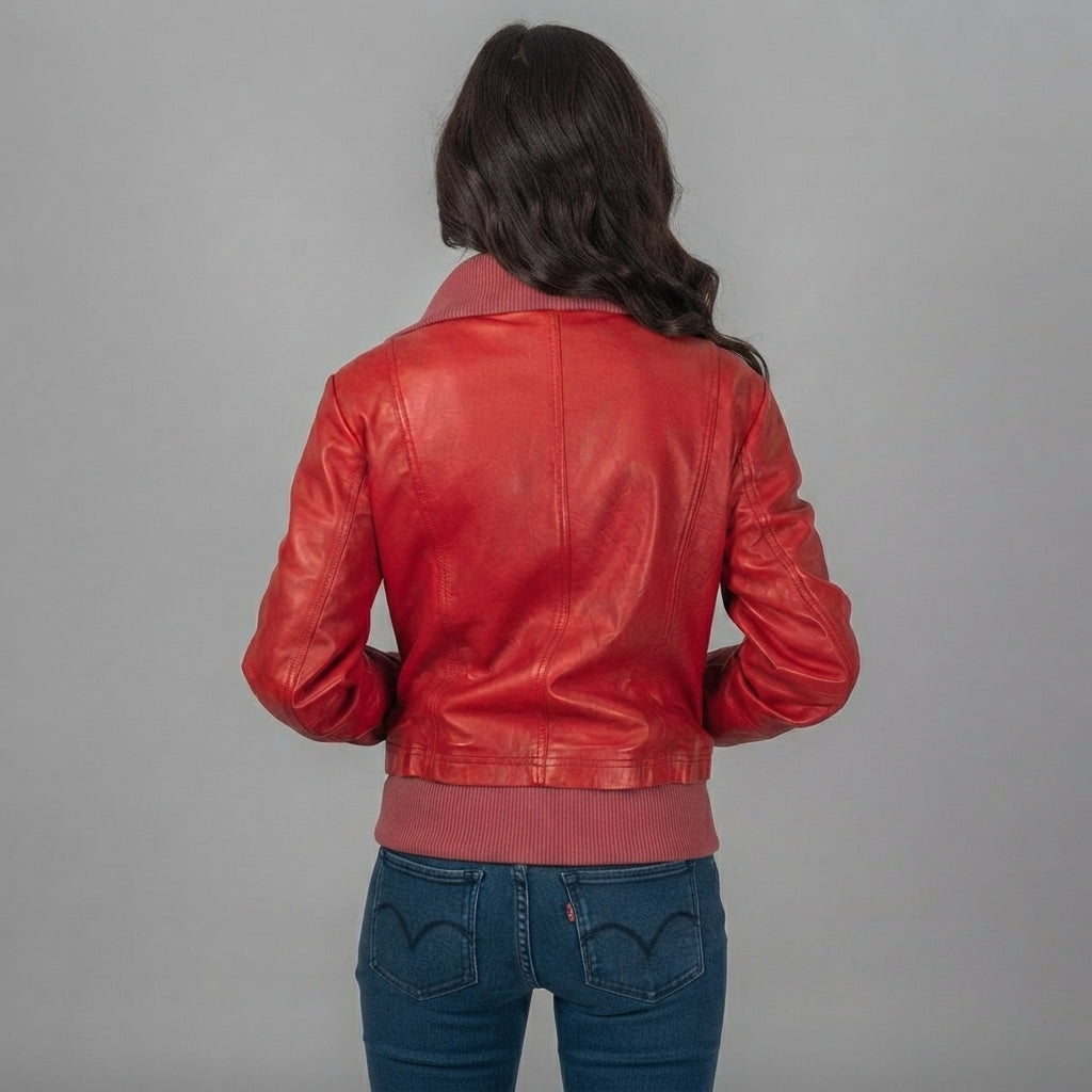 Women's Cherry Red Leather Bomber Jacket