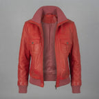 Women's Cherry Red Leather Bomber Jacket