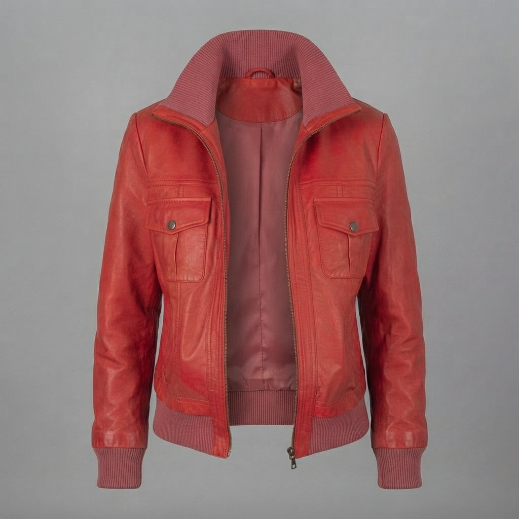Women's Cherry Red Leather Bomber Jacket