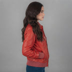 Women's Cherry Red Leather Bomber Jacket