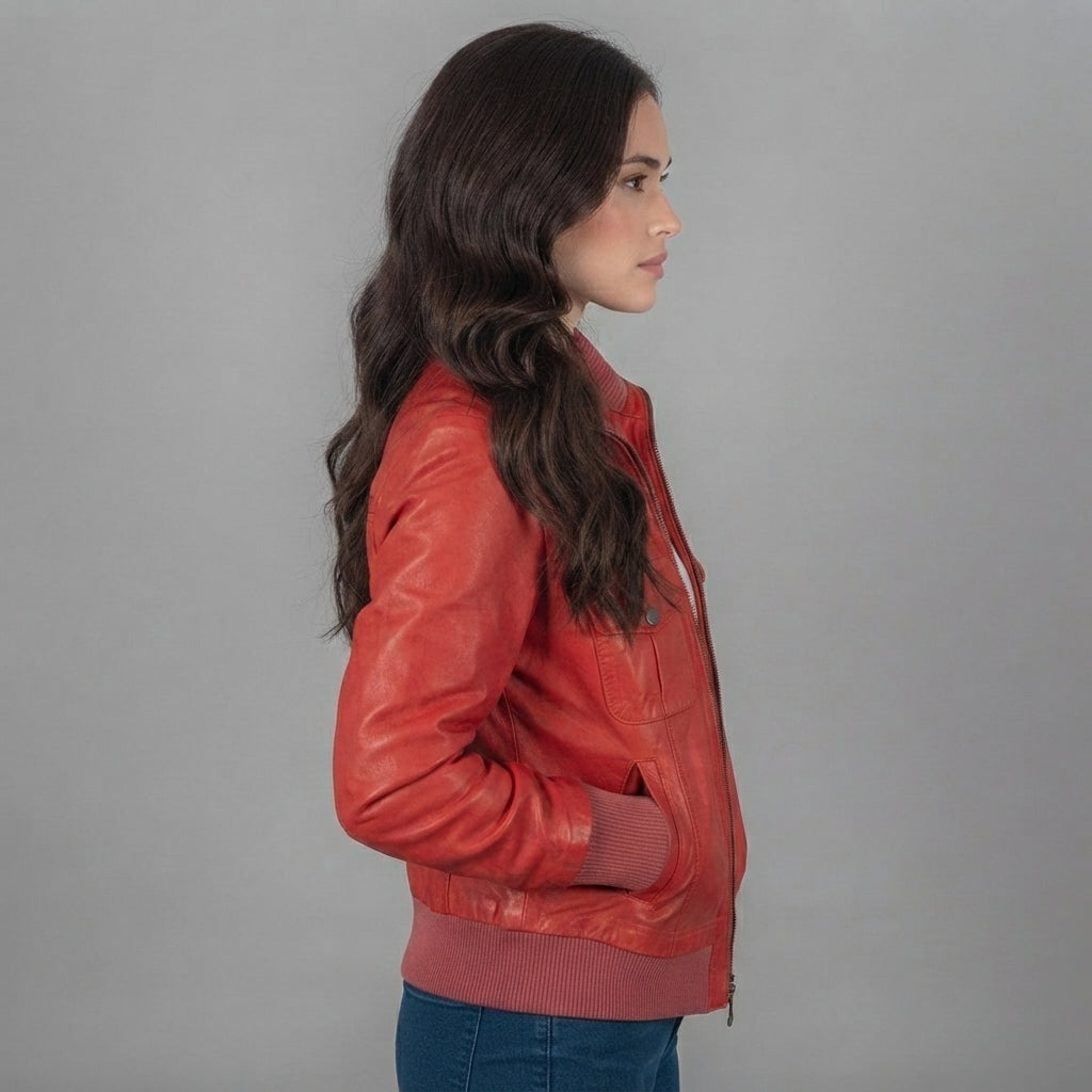 Women's Cherry Red Leather Bomber Jacket
