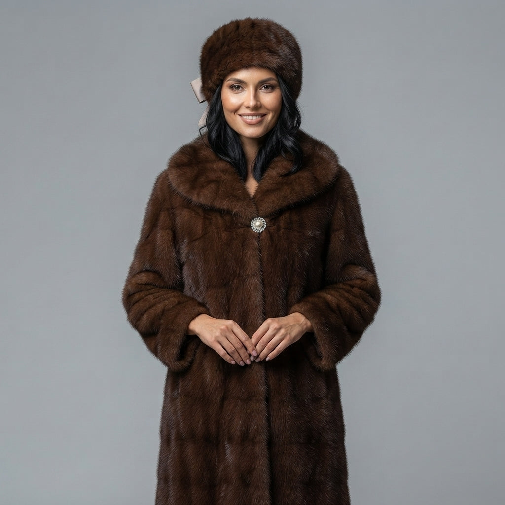 Women's Chocolate Plush Shawl Collar Coat with Brooch