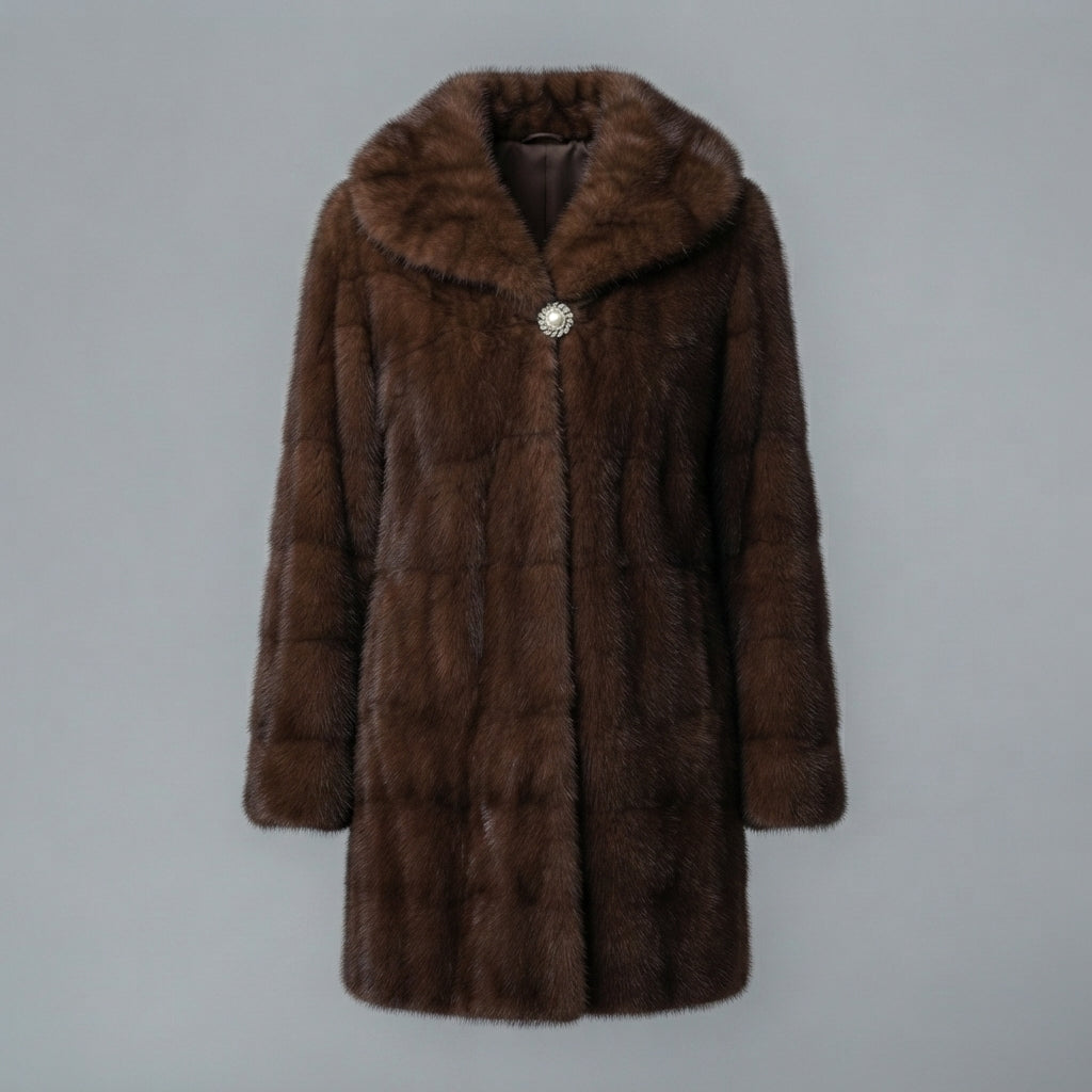Women's Chocolate Plush Shawl Collar Coat with Brooch