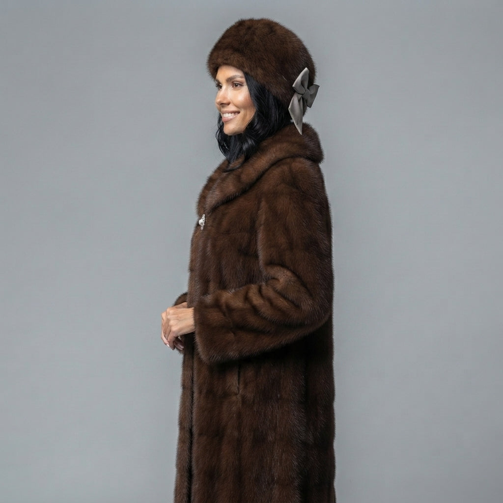 Women's Chocolate Plush Shawl Collar Coat with Brooch