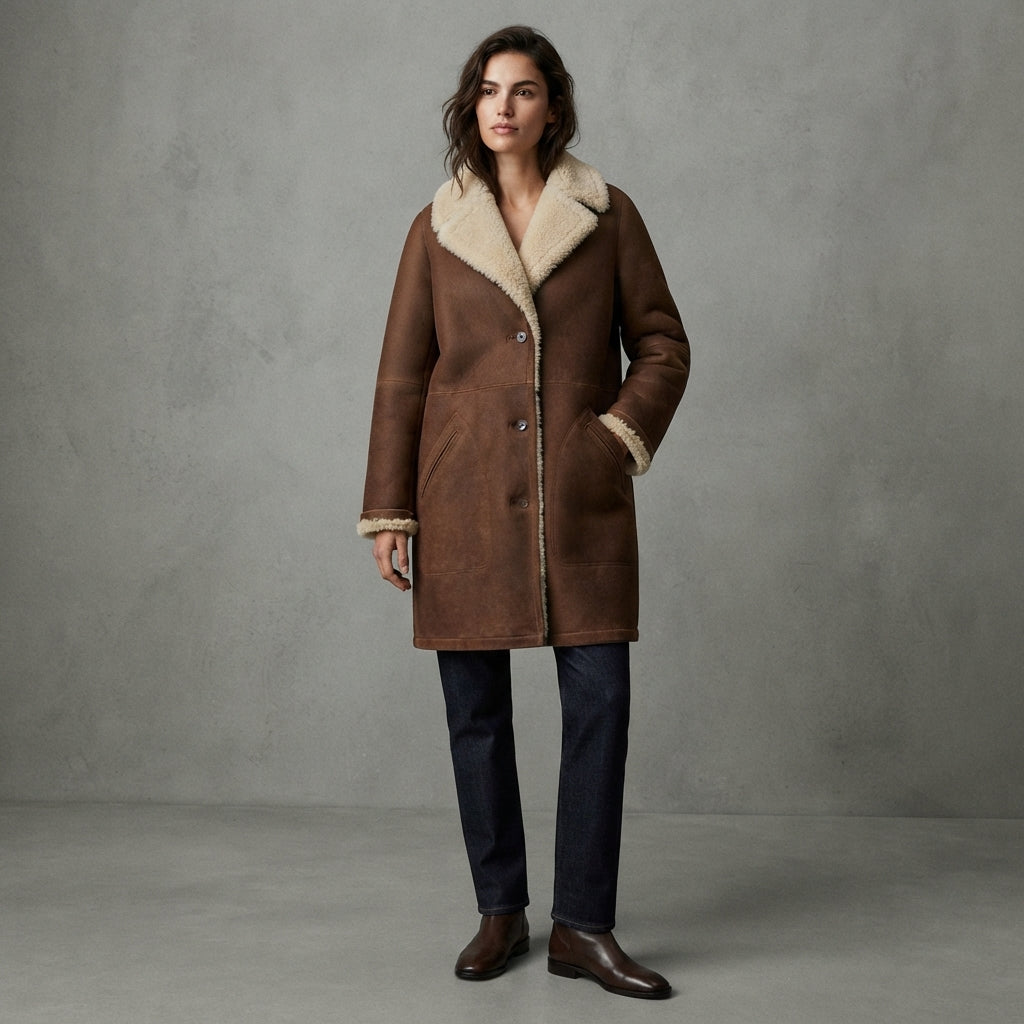 Women's Chocolate Shearling Button-Front Coat