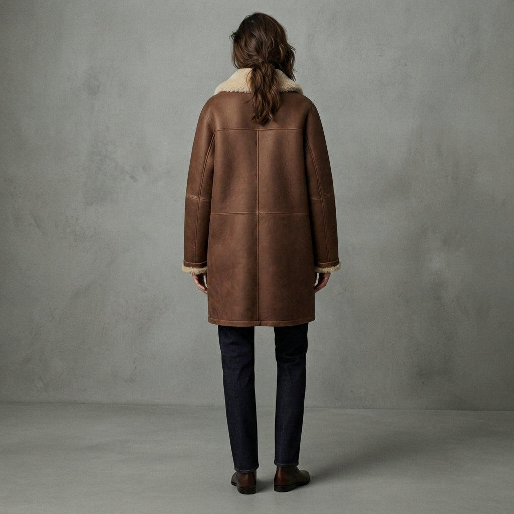 Women's Chocolate Shearling Button-Front Coat