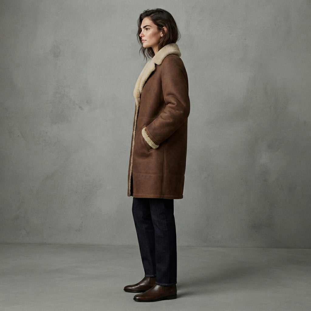 Women's Chocolate Shearling Button-Front Coat