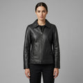 Women's Black Textured Leather Shirt-Collar Jacket