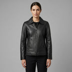 Women's Black Textured Leather Shirt-Collar Jacket