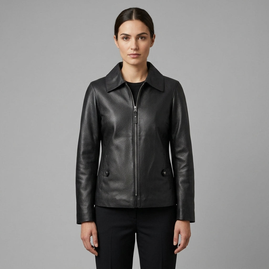 Women's Black Textured Leather Shirt-Collar Jacket