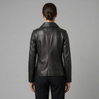 Women's Black Textured Leather Shirt-Collar Jacket