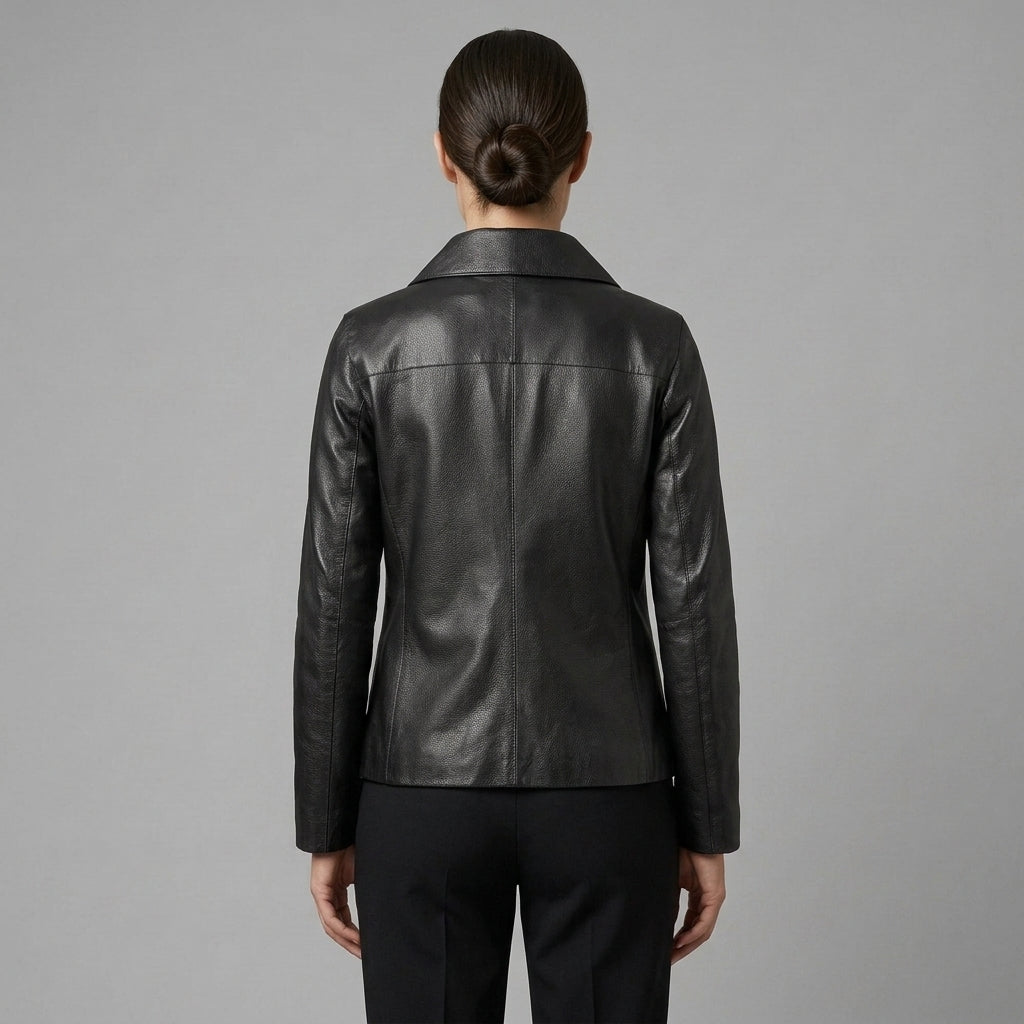 Women's Black Textured Leather Shirt-Collar Jacket
