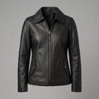 Women's Black Textured Leather Shirt-Collar Jacket